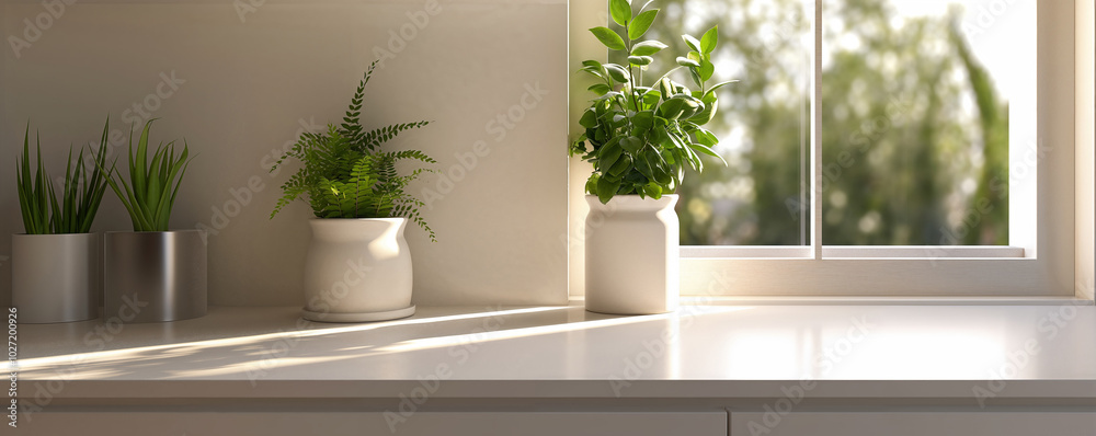 Green fresh pot flowers in a clean bright empty kitchen with window in a modern household Green fresh pot flowers in a clean bright empty kitchen with window in a modern household