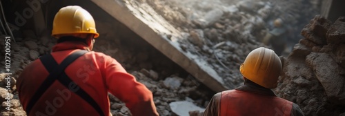 Two rescue workers in helmets and protective gear, moving through debris and rubble of a collapsed building, highlighting bravery and search efforts post-disaster. photo