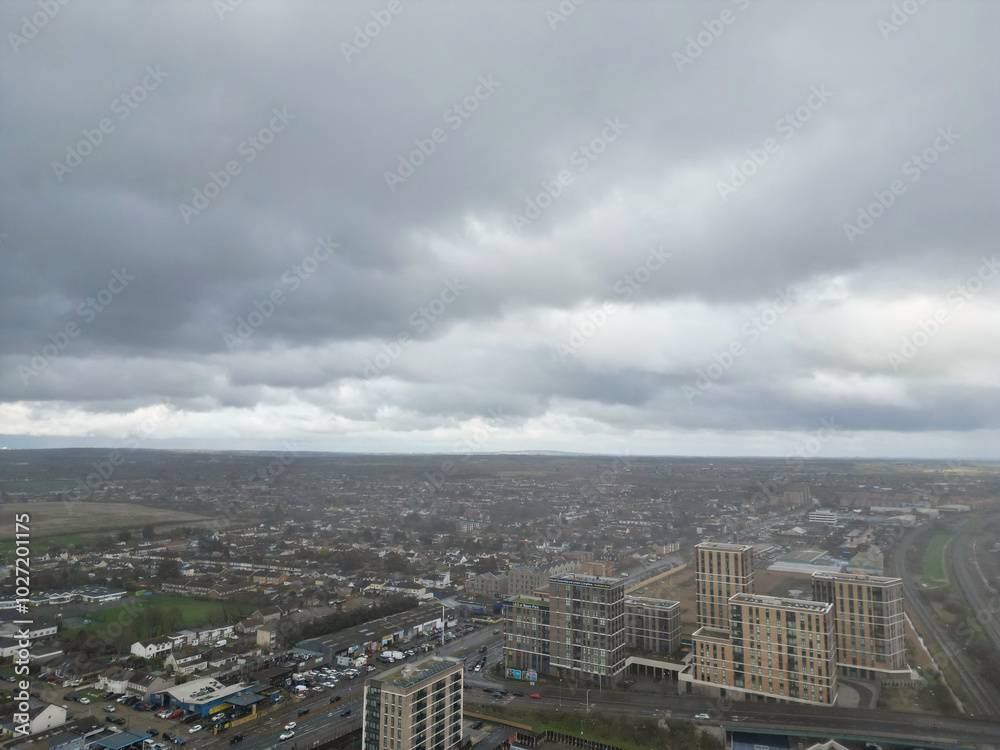Fototapeta premium Aerial View of Dagenham City East London. The Capital London City of England Great Britain. High Angle Footage was Captured with Drone's Camera on March 2nd, 2024
