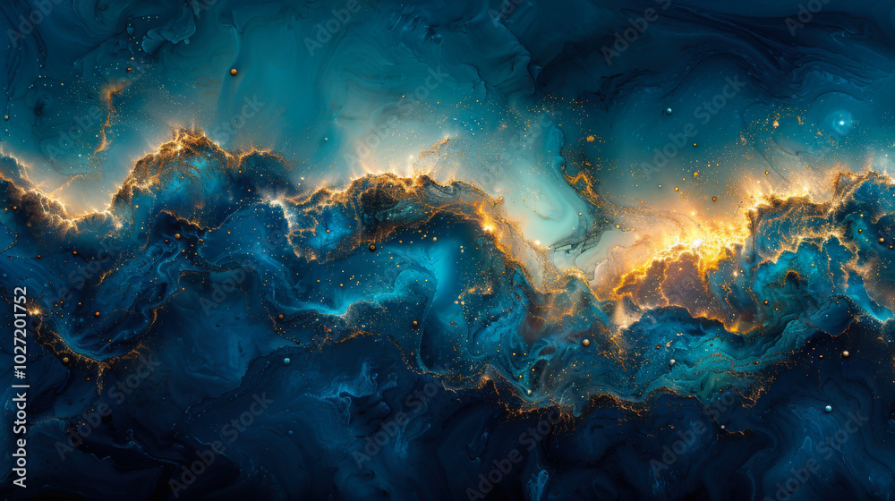 Obraz premium Abstract representation of a cosmic landscape featuring blue waves and shimmering stars