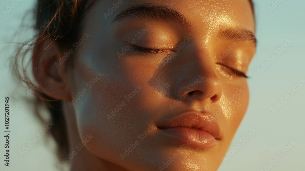 Close-up shot of a woman's face and neck, showcasing a glowing, radiant complexion with natural makeup after sunbathing. Warm tones, shallow depth of field, and cinematic lighting, woman, face, beauty Close-up shot of a woman's face and neck, showcasing a glowing, radiant complexion with natural makeup after sunbathing. Warm tones, shallow depth of field, and cinematic lighting, woman, face, beauty