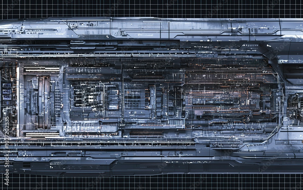 A futuristic spaceship design featuring intricate details and a complex interior layout set against a dark grid background A futuristic spaceship design featuring intricate details and a complex interior layout set against a dark grid background