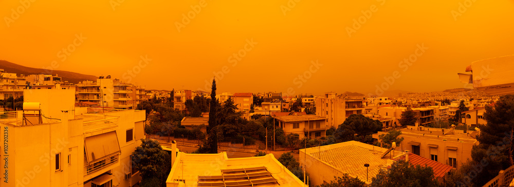 Athens cityscape under heavy dust from Sahara desert, Africa