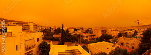 Obraz na płótnie Athens cityscape under heavy dust from Sahara desert, Africa w salonie
