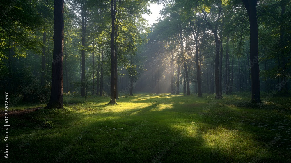 Sun Rays Through Forest Trees Green Grass Nature Photography Sun Rays Through Forest Trees Green Grass Nature Photography