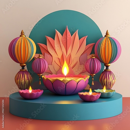 Charming 3D illustration of Diwalithemed podium featuring an array of colorful paper lanterns and a central diya oil lamp displayed on a round blank card radiating festive cheer and celebration photo