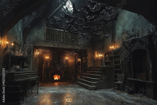 An old, abandoned house with a fireplace, stairs, and a piano. The room is dimly lit by candles and has a spooky atmosphere.