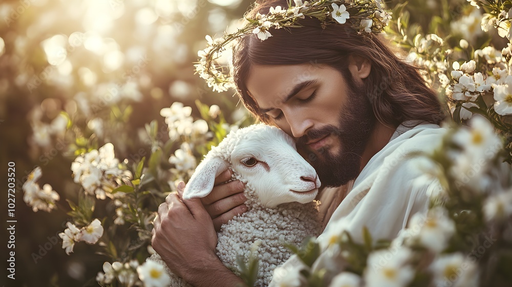 A close-up of Jesus Christ's face and hands holding a lamb, bright halo around his head, delicate spring flowers surrounding them, Easter spirit, neo-classical, soft focus