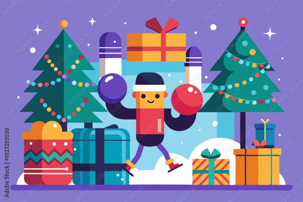 Festive holiday scene with colorful gift boxes and christmas trees in winter wonderland