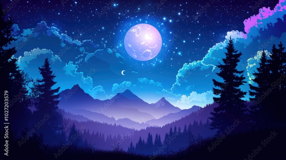 Illustration of Moonlit Night Over Mountain Range with Starry Sky
Illustration of Moonlit Night Over Mountain Range with Starry Sky
