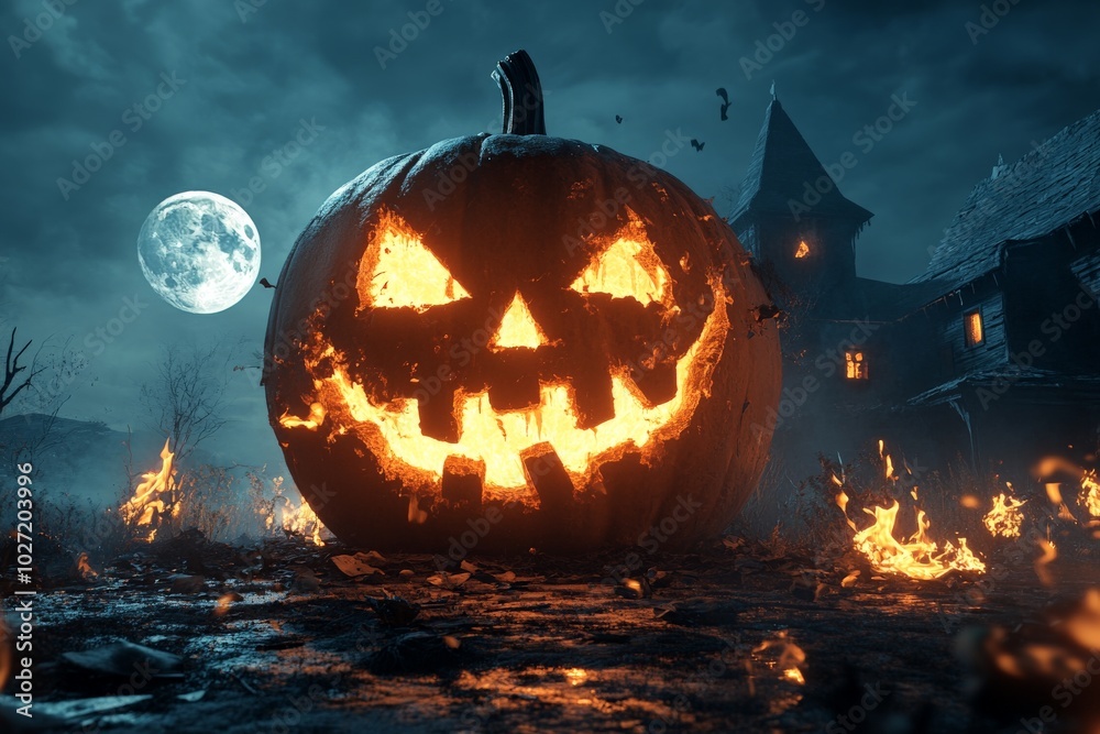 Fototapeta premium A haunting Halloween scene with a giant fiery jack-o'-lantern lit from within, standing amid flames under a large, eerie full moon by a haunted house.