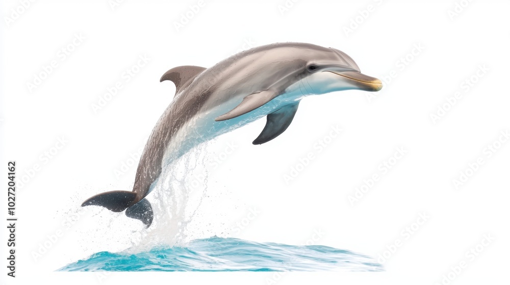 High-energy dolphin in mid-jump with splashes of water, isolated on a white background