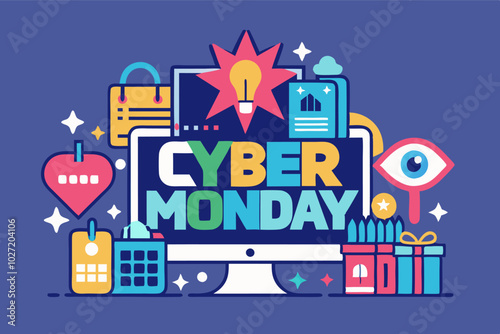 Cyber monday deals: vibrant digital shopping illustration with gadgets and gifts