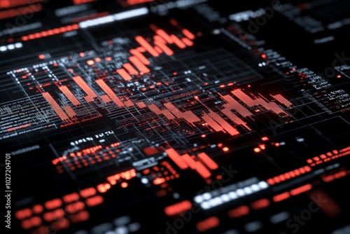 A dynamic digital interface displaying red financial graphs and data visualizations, symbolizing modern technology and business analytics applications.