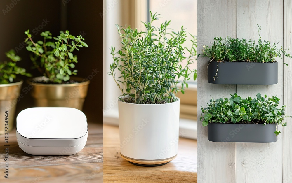 Fototapeta premium Indoor herbs and plants in decorative pots placed on wooden surfaces near a window