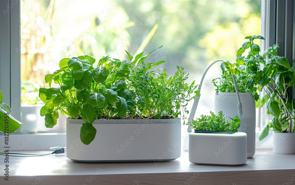 Indoor herb garden near a sunny window with fresh plants thriving in modern pots during daylight Indoor herb garden near a sunny window with fresh plants thriving in modern pots during daylight