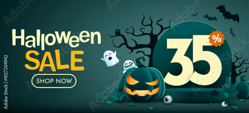35 percent off. Halloween sale banner template. Podium and numbers with amount of discount. Special October offer.