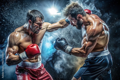 Two men are boxing in a ring, one of them is wearing a red glove