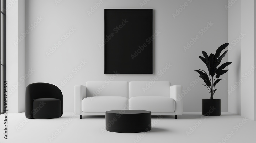 A minimalist living room featuring a black-and-white color scheme with contemporary furniture and a potted plant.