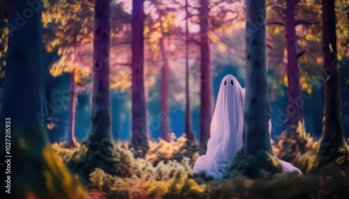 Hidden ghost behind a trees looking and laughing, background a dense forest