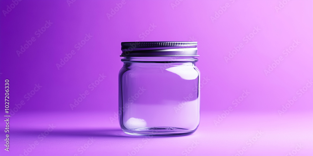 Minimalist empty glass jar with metal lid on vibrant purple background. Minimalist empty glass jar with metal lid on vibrant purple background.