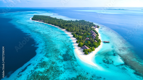 Aerial view of turquoise ocean and tropical island with Water Bungalows, Atoll, Maldives. Indian Ocean Nature touch