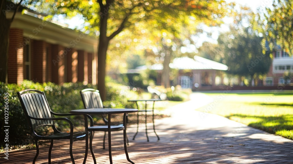Empty Table and Chairs on a Brick Patio in a Sunny Park Empty Table and Chairs on a Brick Patio in a Sunny Park