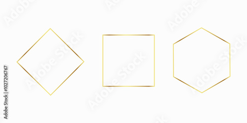 Golden thin frames set. Gold geometric borders in art deco style. Thin linear arch and curved shape collection. Yellow glowing shiny boarder element pack