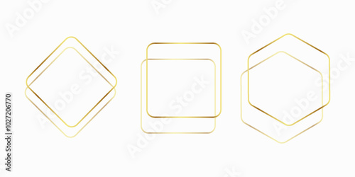Golden thin frames set. Gold geometric borders in art deco style. Thin linear arch and curved shape collection. Yellow glowing shiny boarder element pack