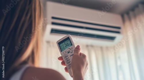 A woman is adjusting her air conditioner's settings with a remote control.