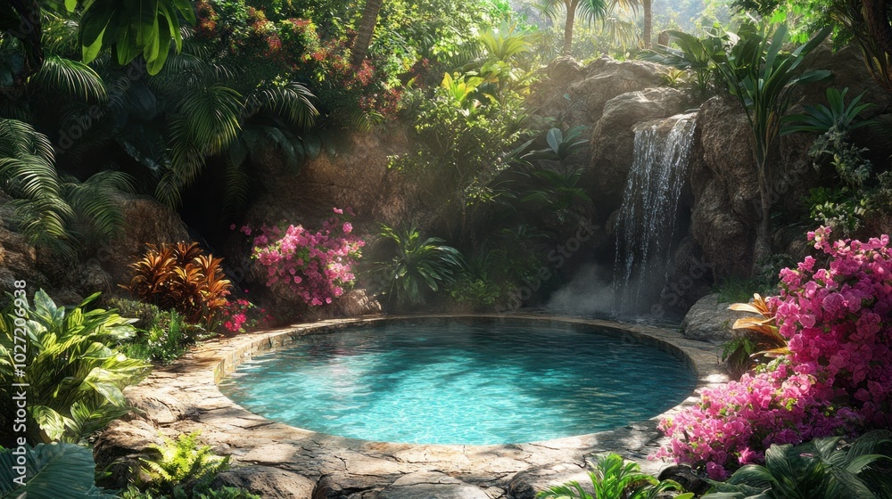 Naklejka premium A circular pool of water in a tropical jungle with a waterfall and lush greenery.