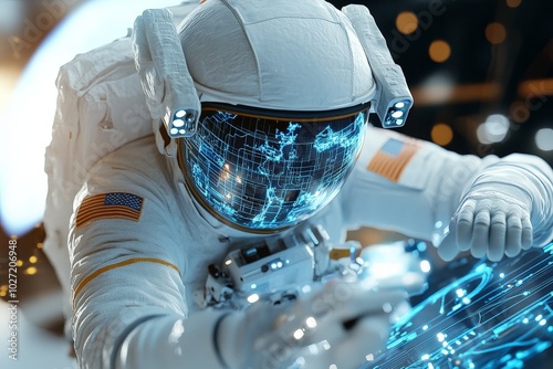 An astronaut equipped with advanced technology interfaces in outer space, emphasizing exploration, innovation, and the merging of human intellect with cosmic realms. photo