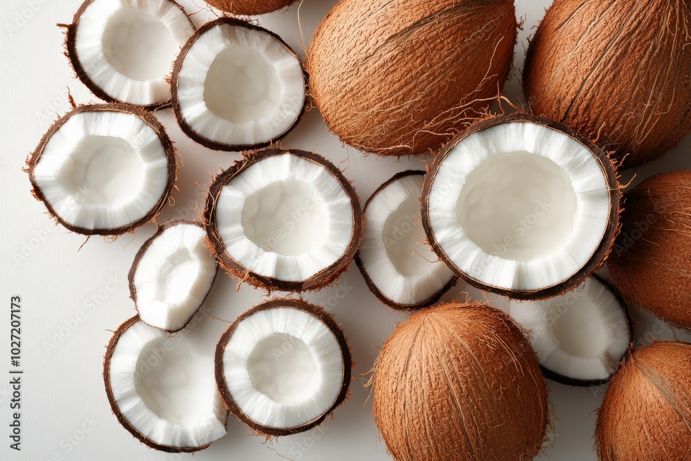 A collection of brown and halved coconuts arranged on a plain white surface, highlighting the refreshing tropical theme with a focus on the natural textures. A collection of brown and halved coconuts arranged on a plain white surface, highlighting the refreshing tropical theme with a focus on the natural textures.