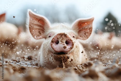 A joyful piglet splashes in the mud, its face covered in dirt, conveying a sense of playfulness and carefree joy in a natural, outdoorsy farm setting. photo