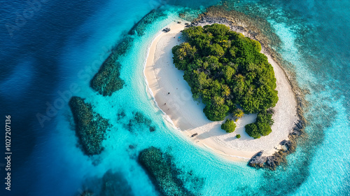 Aerial view of turquoise ocean and tropical island with Water Bungalows, Atoll, Maldives.