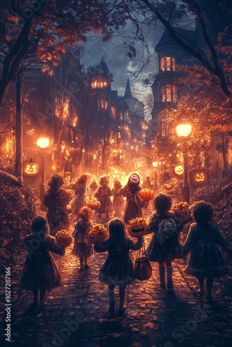 Children trick-or-treating in a spooky, lantern-lit village street on Halloween night.