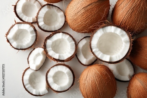 A collection of brown and halved coconuts arranged on a plain white surface, highlighting the refreshing tropical theme with a focus on the natural textures. photo