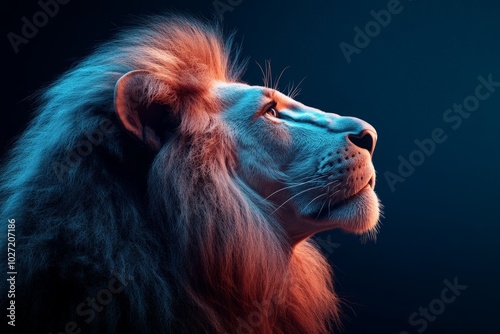 A majestic lion's profile is captured with dramatic lighting, emphasizing the power and regality of the animal, rendered in a detailed and emotive art style.