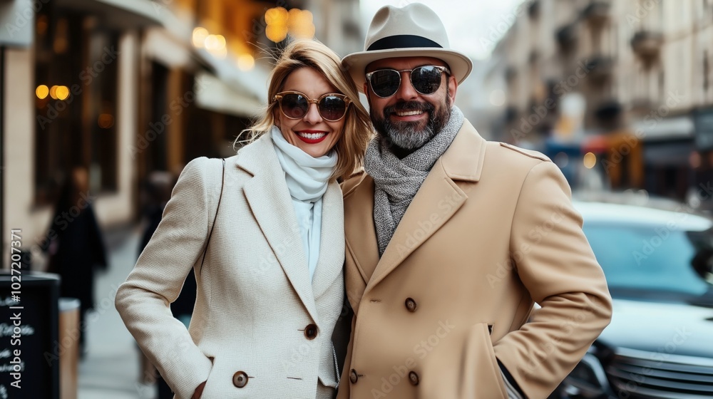 Smiling couple wearing matching beige coats and accessories, standing on a city street with a blurred urban background Smiling couple wearing matching beige coats and accessories, standing on a city street with a blurred urban background