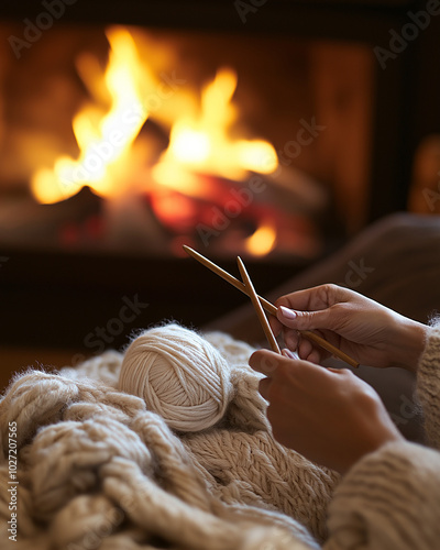 Knitting Cozy Wool Blanket by Fireplace photo