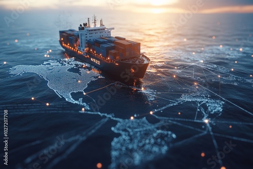 A cargo ship sails through a digital ocean, highlighting global connectivity and modern trade, with illuminated data networks tracing commerce pathways.