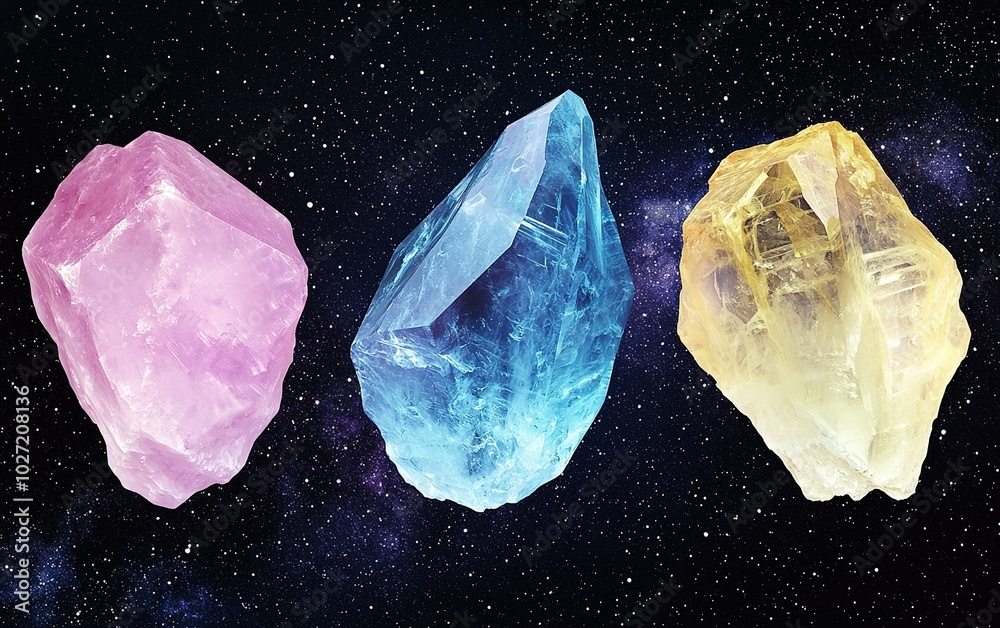 Colorful quartz crystals showcasing vibrant hues of pink, blue, and yellow against a starry background Colorful quartz crystals showcasing vibrant hues of pink, blue, and yellow against a starry background