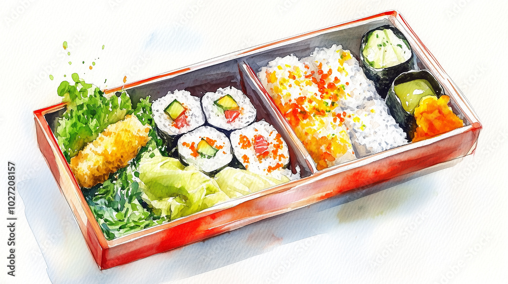 Japanese bento box filled with rice, pickles, tempura, and sushi in a harmonious watercolor layout, balancing form and color, Generative AI