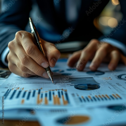 Close-up of a businessman's hand writing on a financial report with a pen.