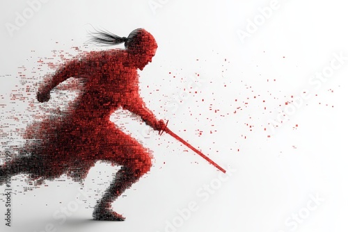 A dynamic red silhouette of a warrior appears to dissolve into digital particles, expertly symbolizing transition and the fusion of tradition with technology.