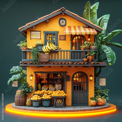 Colorful tropical fruit market small twostory building banana tree nearby Balcony displays bananas glowing orangeyellow ring surrounds the ground minimalistic solid background photo