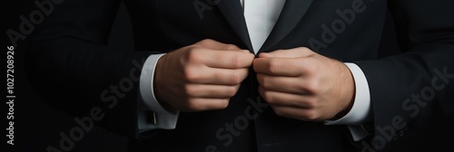 A person carefully adjusting their suit, focusing on the buttons, symbolizing preparation and anticipation for a formal gathering or important occasion. photo