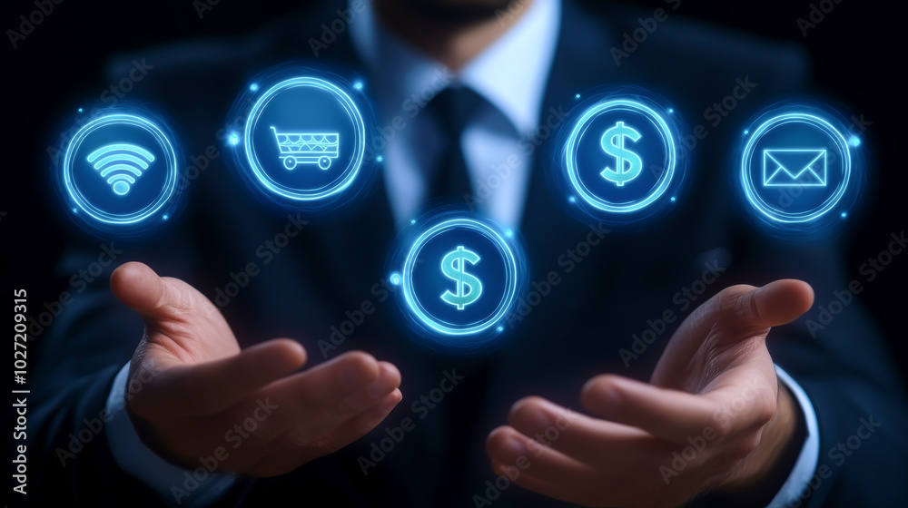 A businessman showcasing digital icons representing commerce, communication, and finance in a modern, tech-savvy environment. A businessman showcasing digital icons representing commerce, communication, and finance in a modern, tech-savvy environment.