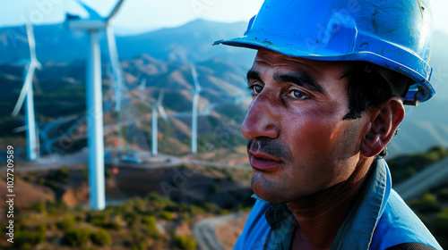 Engineer observing wind turbines during sunset at a renewable energy site