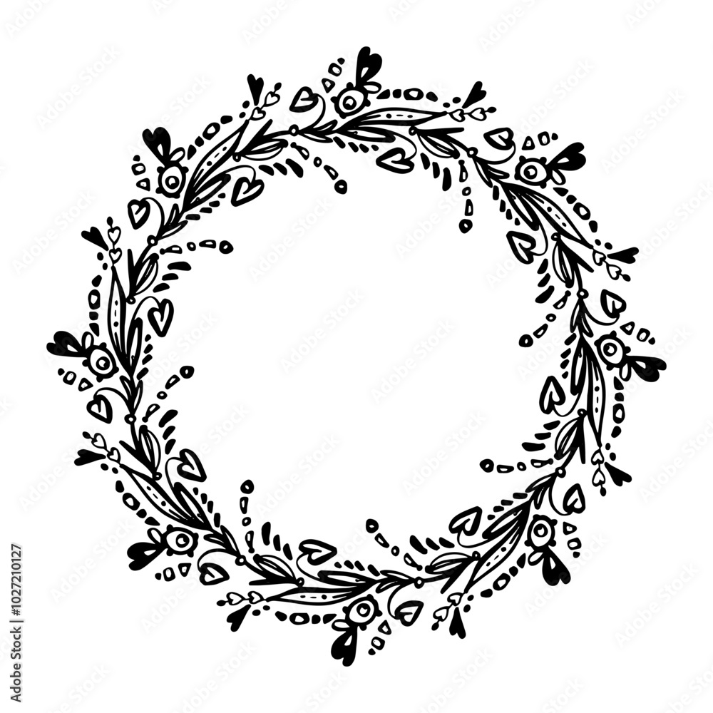 Love boho simple wreath - black doodle hearts. Love boho simple wreath - black doodle hearts.